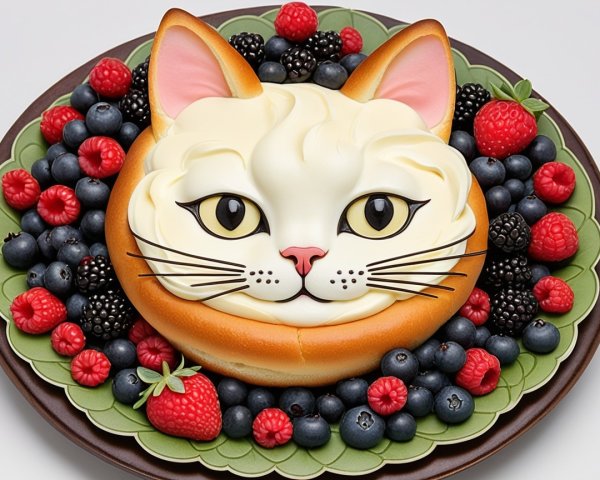 Whimsical Cat Face Cake with Fresh Berries Display