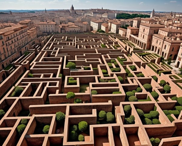 Bird's-eye view of a brown brick maze in a city