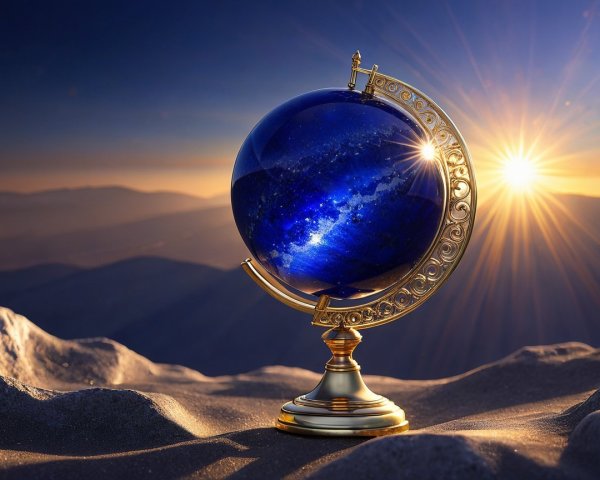 Elegant Globe on Golden Stand with Sunrise Backdrop