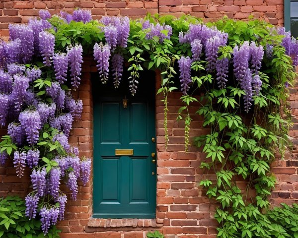 Brick Wall with Wisteria and Teal Door Description