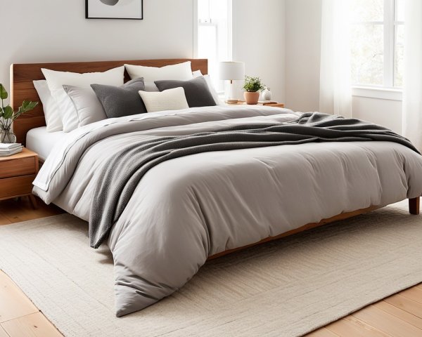 Cozy Bedroom Scene with Gray Duvet and Natural Light