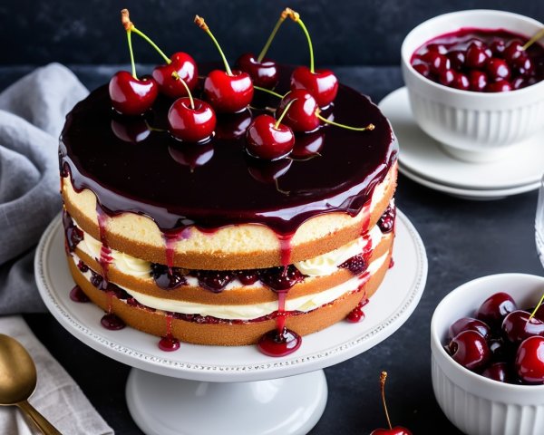 Layered cake with cherry glaze and fresh cherries