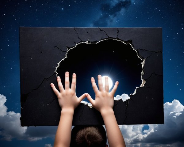 Child's Hands Reveal Starry Sky Through Cracked Panel