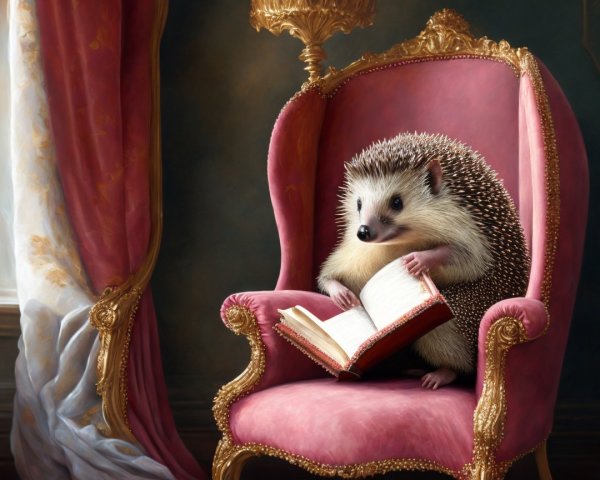 Hedgehog Reading in Elegant Pink Velvet Armchair