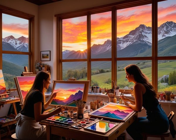 Art Studio Scene with Women Painting a Sunset