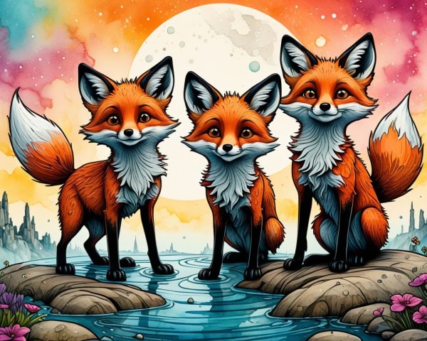 Stylized orange foxes on rocky terrain by water