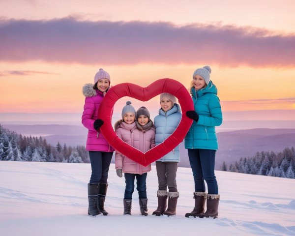 Women in Colorful Coats with Heart Pillow in Snow