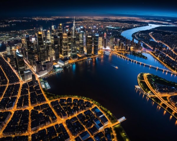 Aerial Night View of a Vibrant Cityscape with Skyline