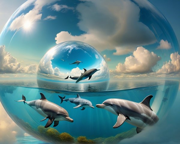 Surreal Underwater Scene with Dolphins in a Bubble