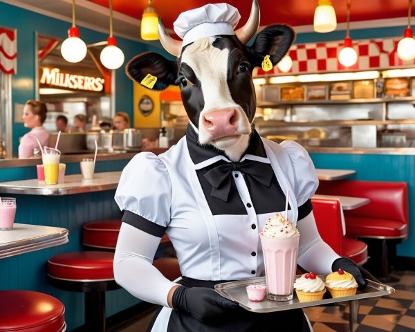 Cow Waitress in Retro Diner with Milkshake and Cupcakes