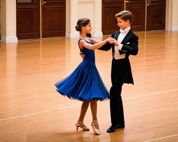 Young dancers in elegant attire on polished dance floor