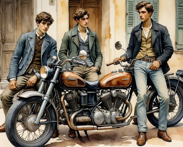 Young Men in Vintage Attire with Classic Motorcycle