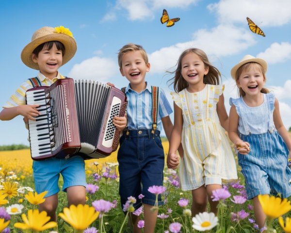 Children Playing in a Colorful Flower Meadow
