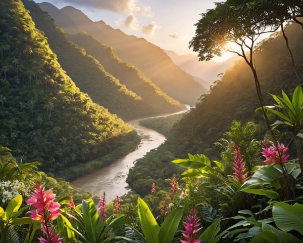 Dawn View of a River in a Lush Mountain Valley