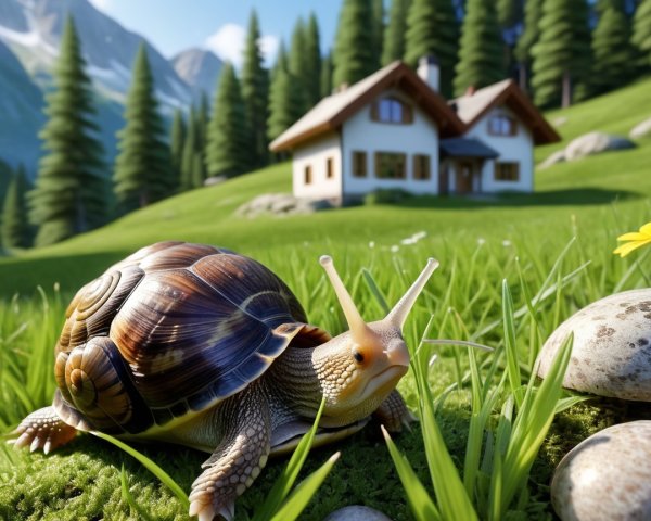 Detailed Snail on Grass with Scenic House and Mountains