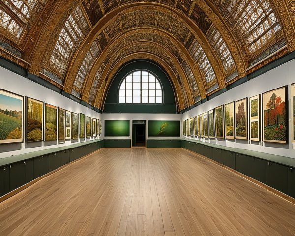 Spacious Art Gallery with Ornate Details and Landscapes