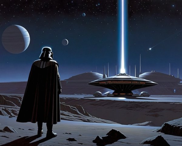 Dark Figure on Lunar Surface with Futuristic Spaceship