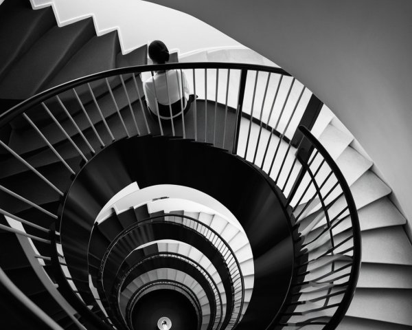 Monochromatic Overhead View of Spiraling Staircase