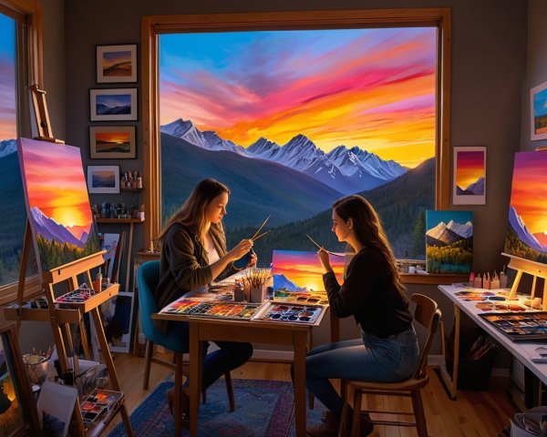 Art Studio Scene with Women Painting Sunset Landscapes