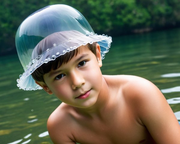 Portrait of a young boy in water with a unique hat