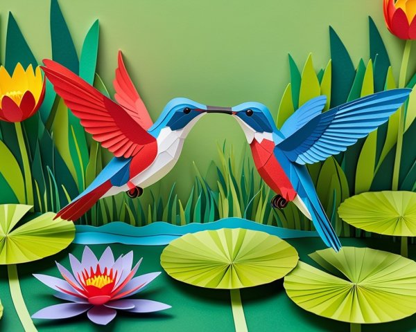 Whimsical Paper-Cut Hummingbirds in Nature Scene
