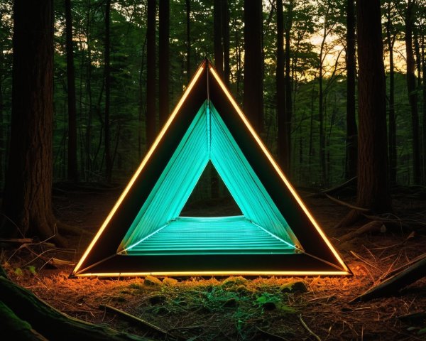 Glowing Triangular Prism in a Dense Forest Setting