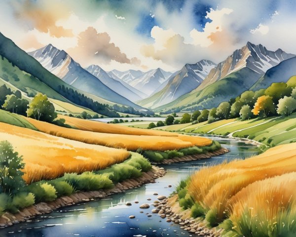 Serene Watercolor Landscape with Hills and Mountains