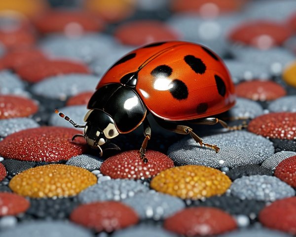 Ladybug on Colorful Textured Surface with Water Droplets