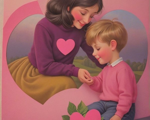 Heart-Themed Illustration of Mother and Son Together