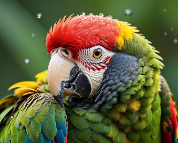 Vibrant Macaw with Colorful Feathers and Water Droplets