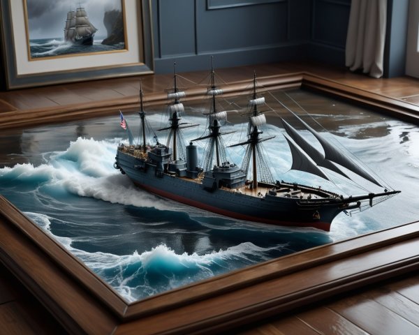 3D Artwork of a Sailing Ship on Dynamic Ocean Surface