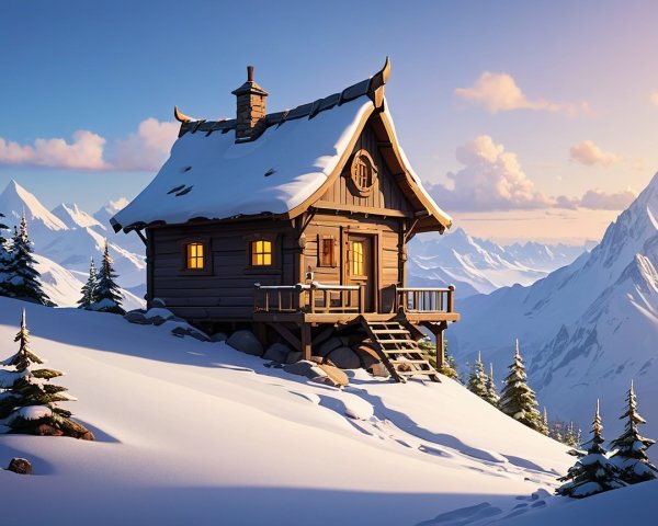 Cozy Wooden Cabin in Snowy Mountain Landscape