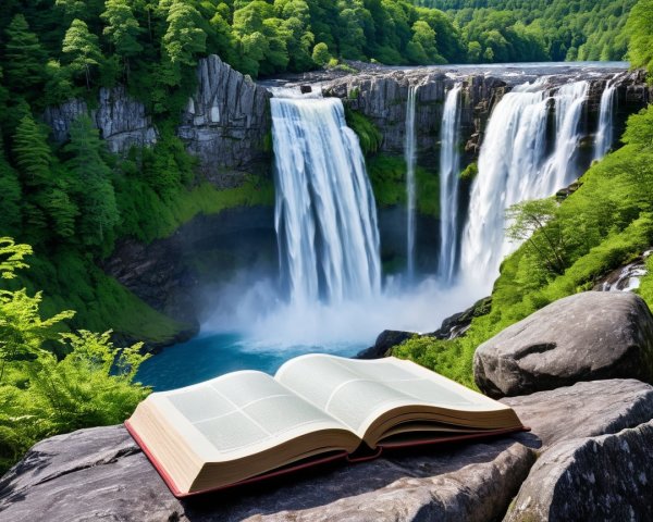 Open Book on Stone Near Waterfall and Greenery