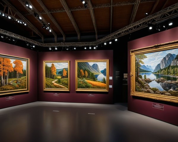 Art Gallery Displaying Four Large Landscape Paintings