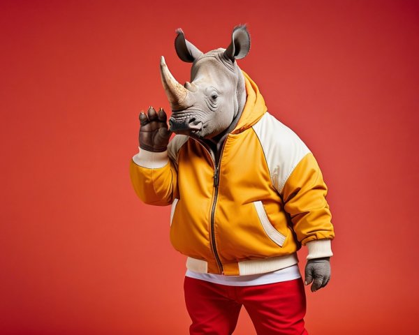 Rhino in Colorful Outfit Against Red Background