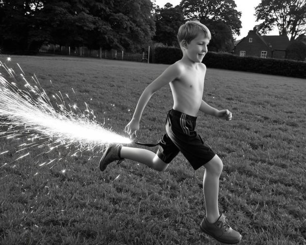 Caucasian boy running with sparkler on left ankle