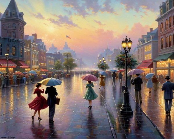 Charming Dusk Street Scene with Reflections and Umbrellas