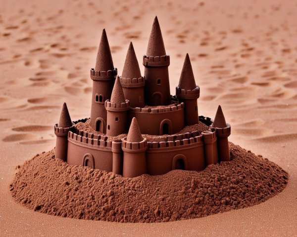 Brown sandcastle with turrets on contrasting sand