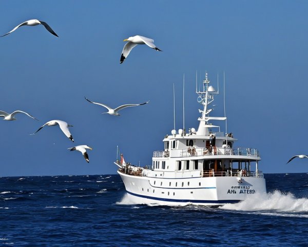White Fishing Vessel on Vibrant Blue Sea with Seagulls