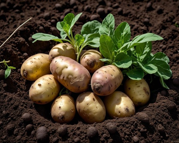 Freshly Harvested Potatoes in Dark Soil with Green Leaves