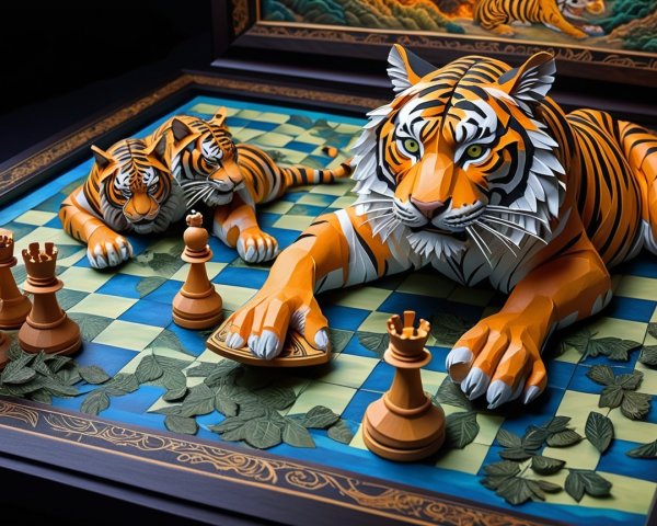 Tigers Relaxing on a Chessboard Surrounded by Leaves