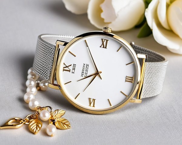 Elegant Watch and Pearl Necklace with White Roses