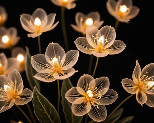 Translucent Flowers with Soft Glow on Dark Background