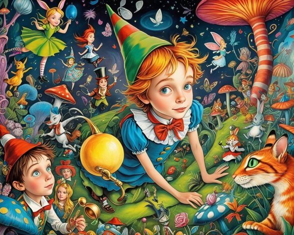 Whimsical Scene of a Girl in a Magical Landscape