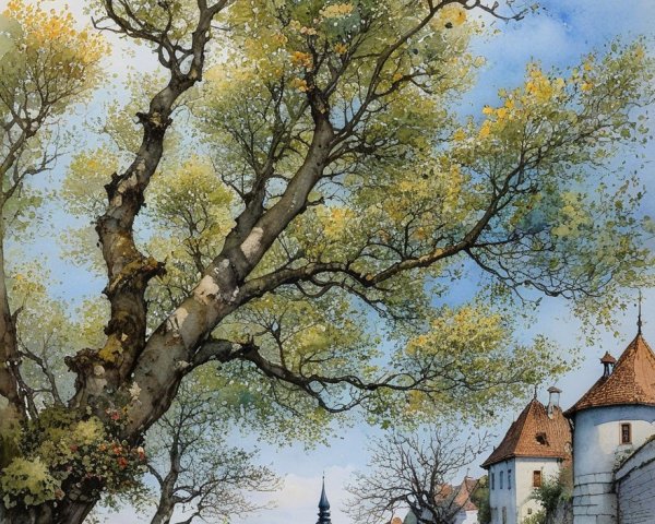Serene Landscape with Winding Path and Quaint Houses