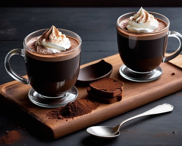 Elegant Glass Mugs with Dark Chocolate Drink and Toppings