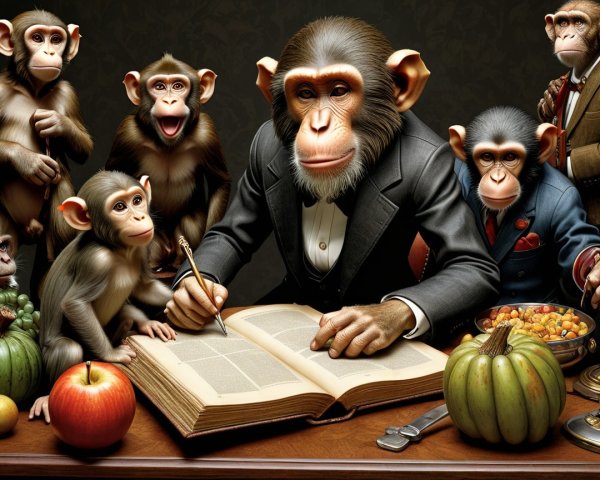 Anthropomorphic monkeys at a desk with fruits and vegetables