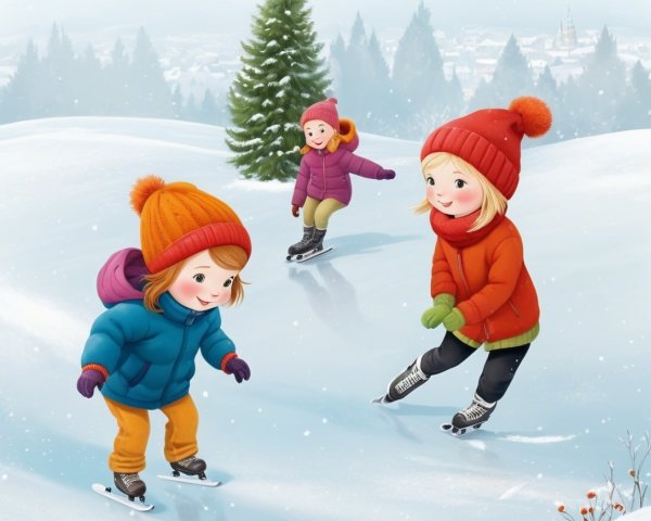 Children Ice Skating on a Snowy Frozen Pond