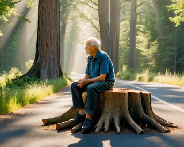 Elderly Man Contemplating in a Serene Forest Setting