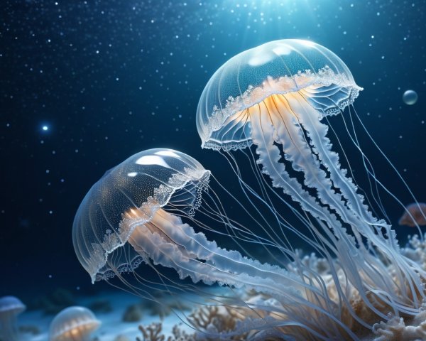 Translucent jellyfish in a dark blue deep-sea setting